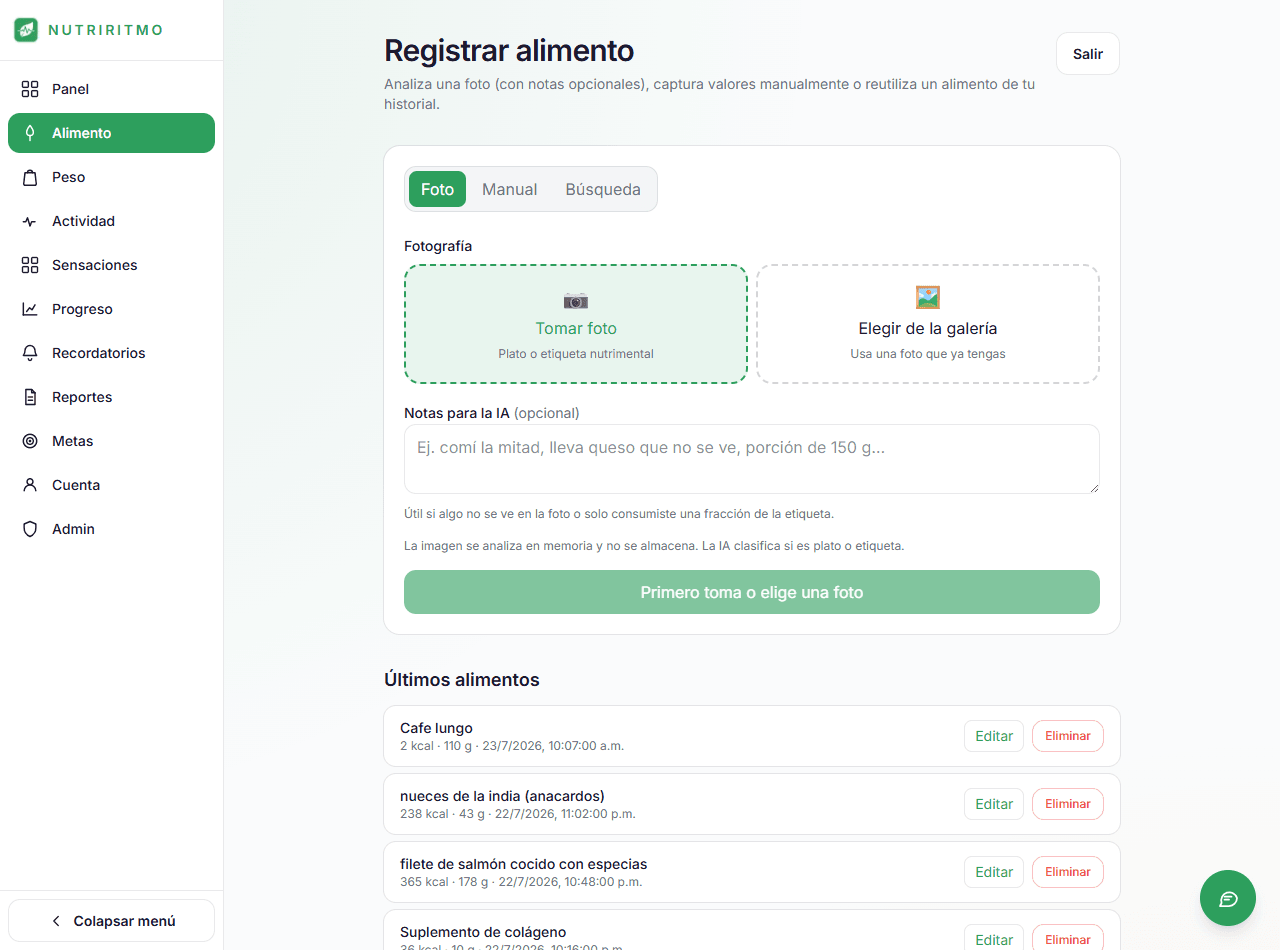 Pantalla de registro de alimento con foto, manual o búsqueda