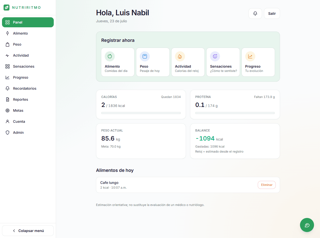 Panel de NutriRitmo con calorías, proteína, peso y balance del día